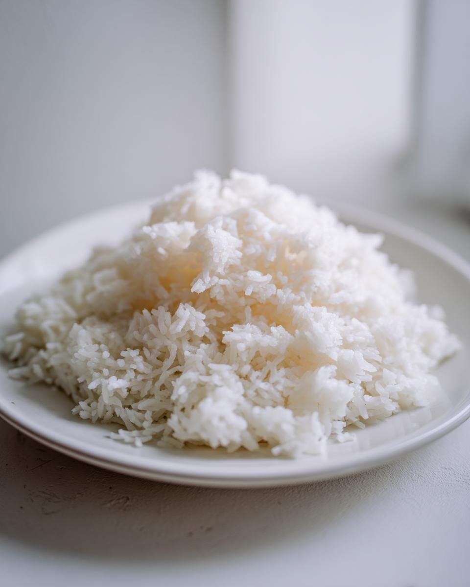 A mound of fluffy, white Coconut Rice served simply on a white plate.