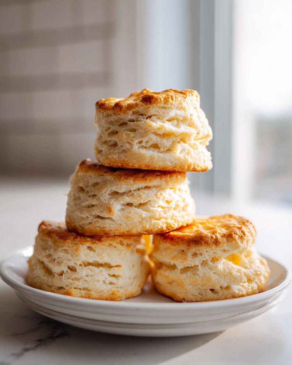 A stack of four golden-brown, flaky Homemade Buttermilk Biscuits resting on a white plate.