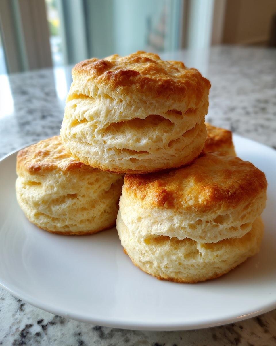A stack of three golden brown, flaky Homemade Buttermilk Biscuits resting on a white plate.