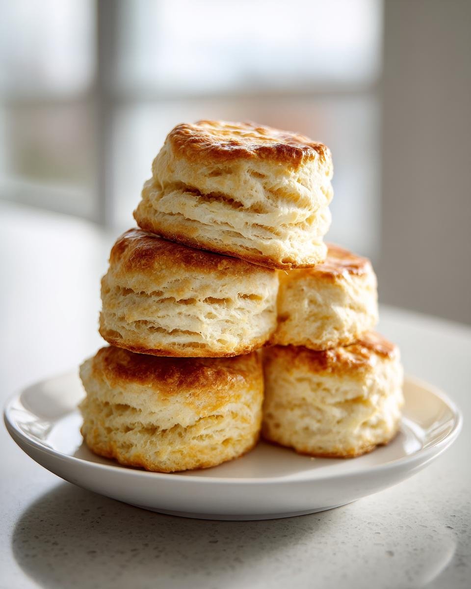A stack of five golden-brown, flaky Homemade Buttermilk Biscuits piled on a small white plate.