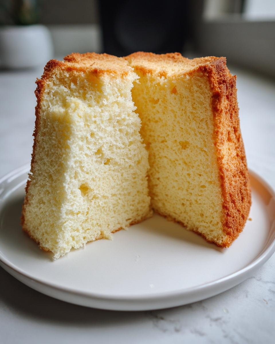Close-up of a tall slice of Lemon Chiffon Cake Recipe showing its incredibly light and airy texture.