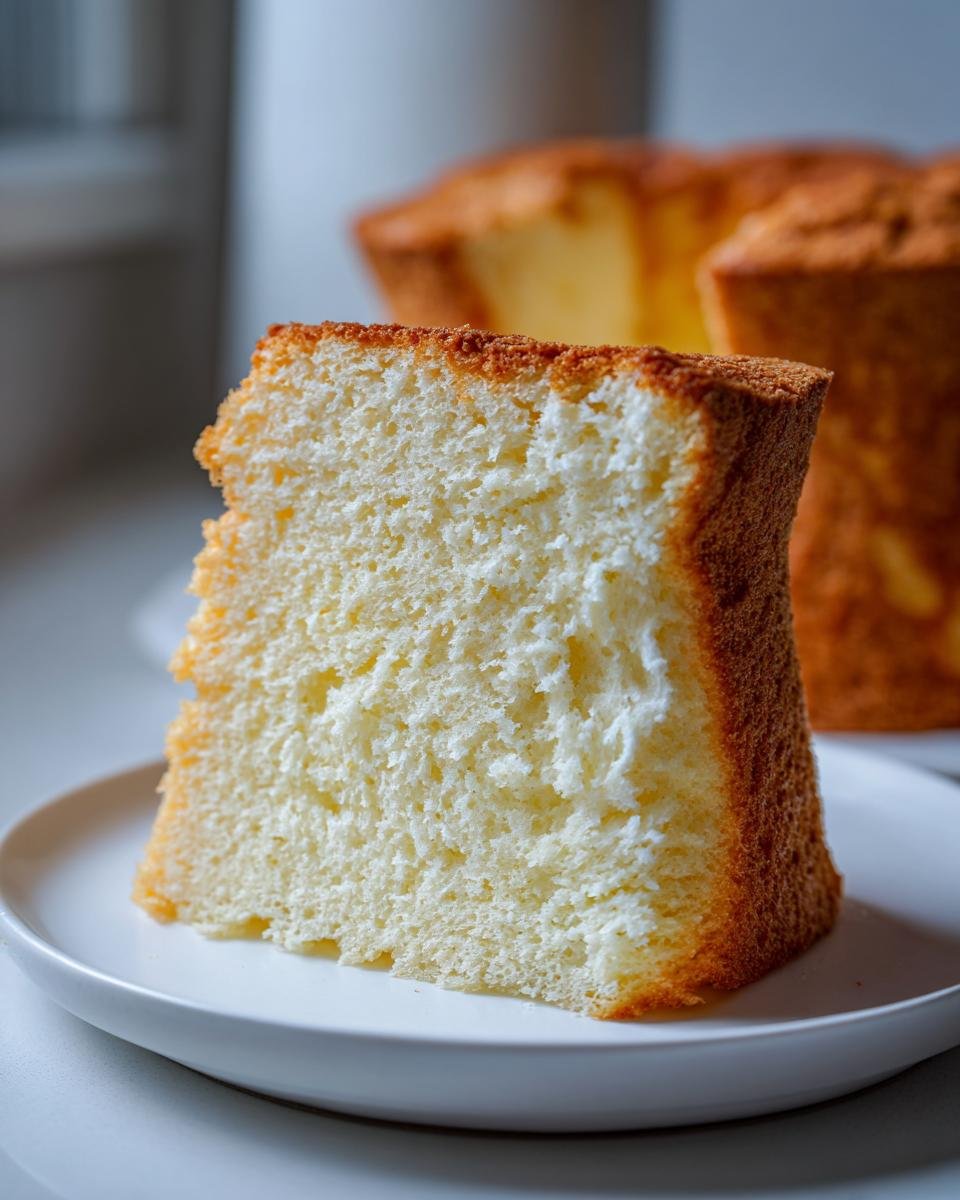 Close-up of a tall, fluffy slice of Lemon Chiffon Cake on a white plate, showing its airy texture.