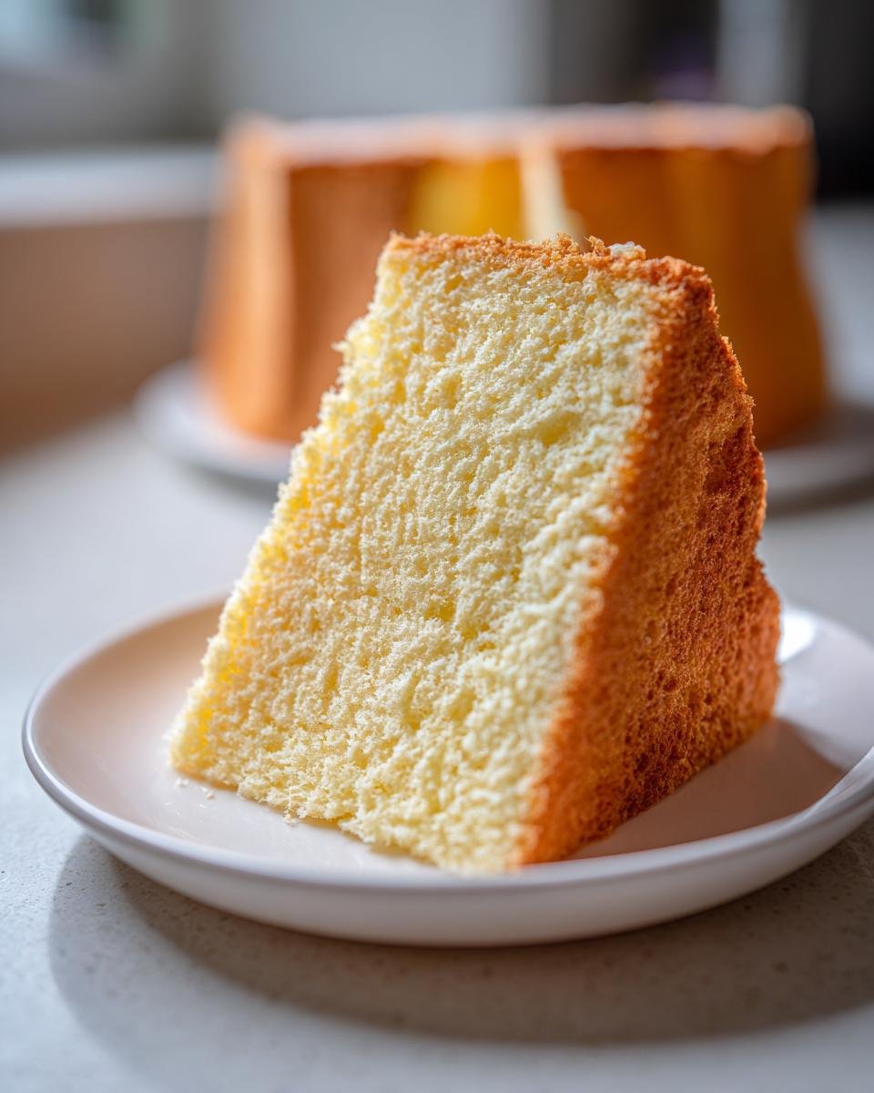 Close-up of a perfectly fluffy slice from a Lemon Chiffon Cake Recipe, showing its airy texture.