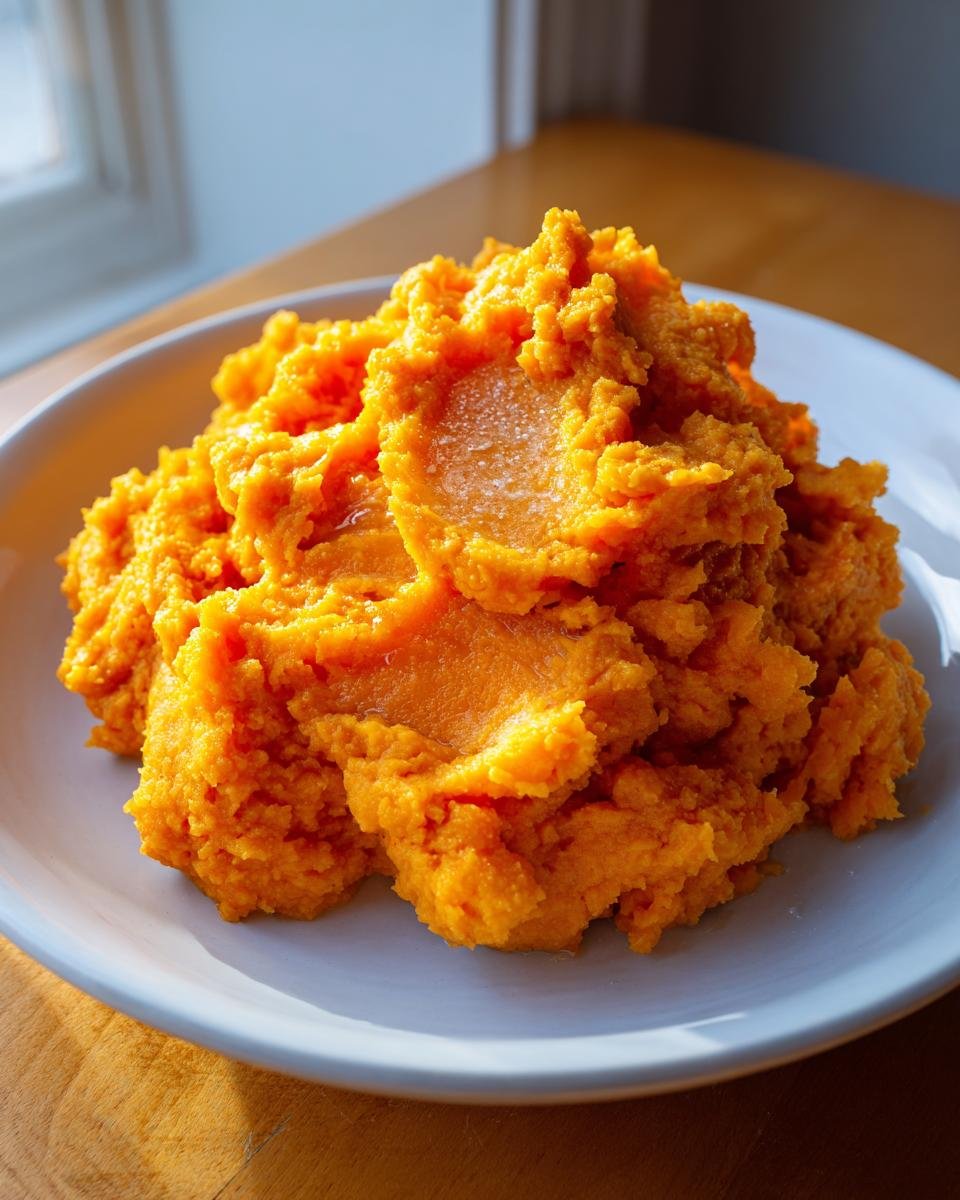 A close-up of a generous serving of bright orange Mashed Sweet Potatoes piled high on a light blue rimmed white plate.