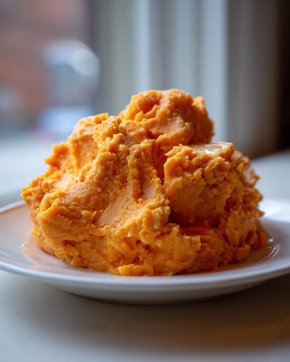 A generous serving of bright orange, fluffy Mashed Sweet Potatoes piled high on a white plate, with a pat of melting butter visible.