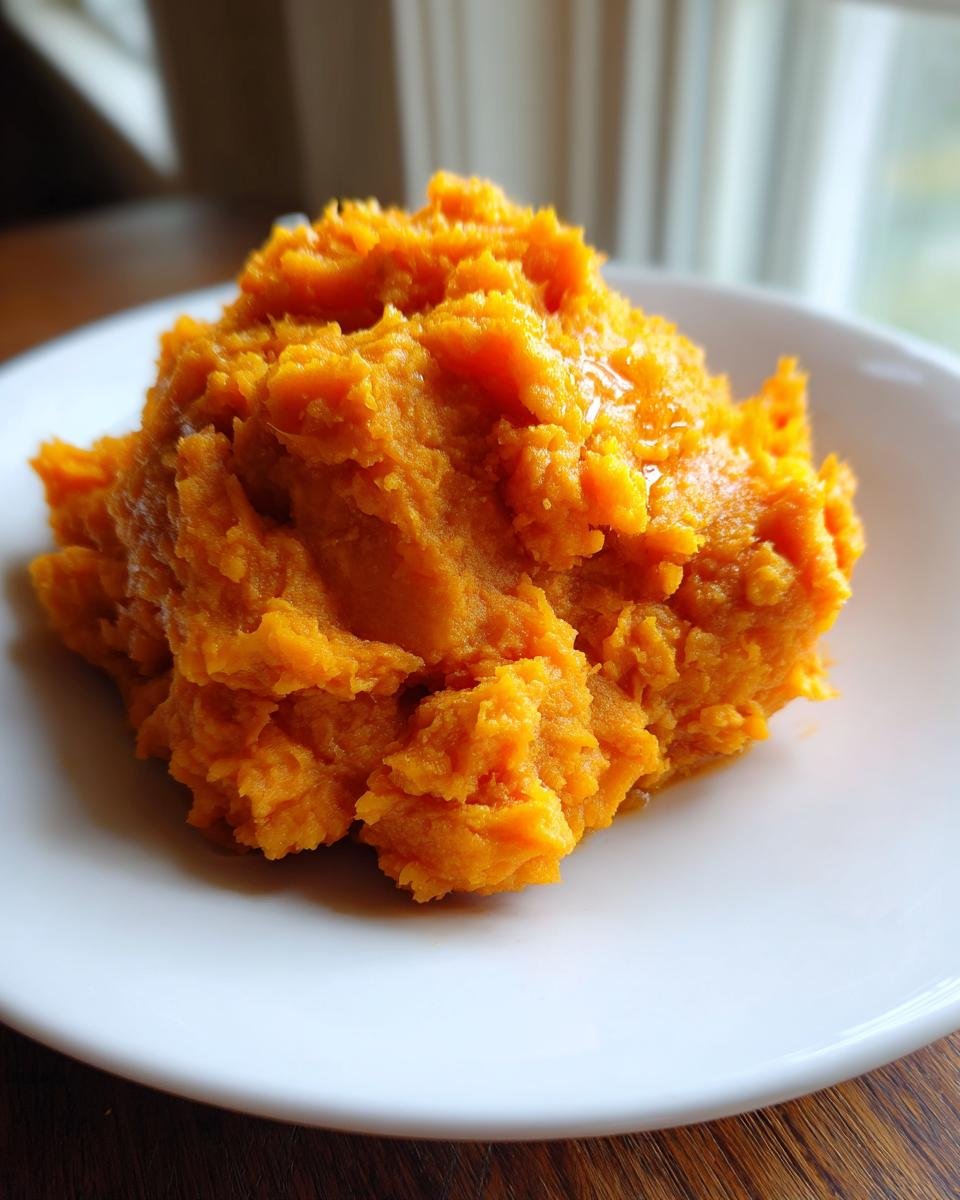A close-up of a fluffy mound of bright orange Mashed Sweet Potatoes served on a white plate.