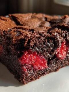 Close-up of a fudgy, dark chocolate Strawberry Brownies square showing bright red strawberry pieces baked inside.