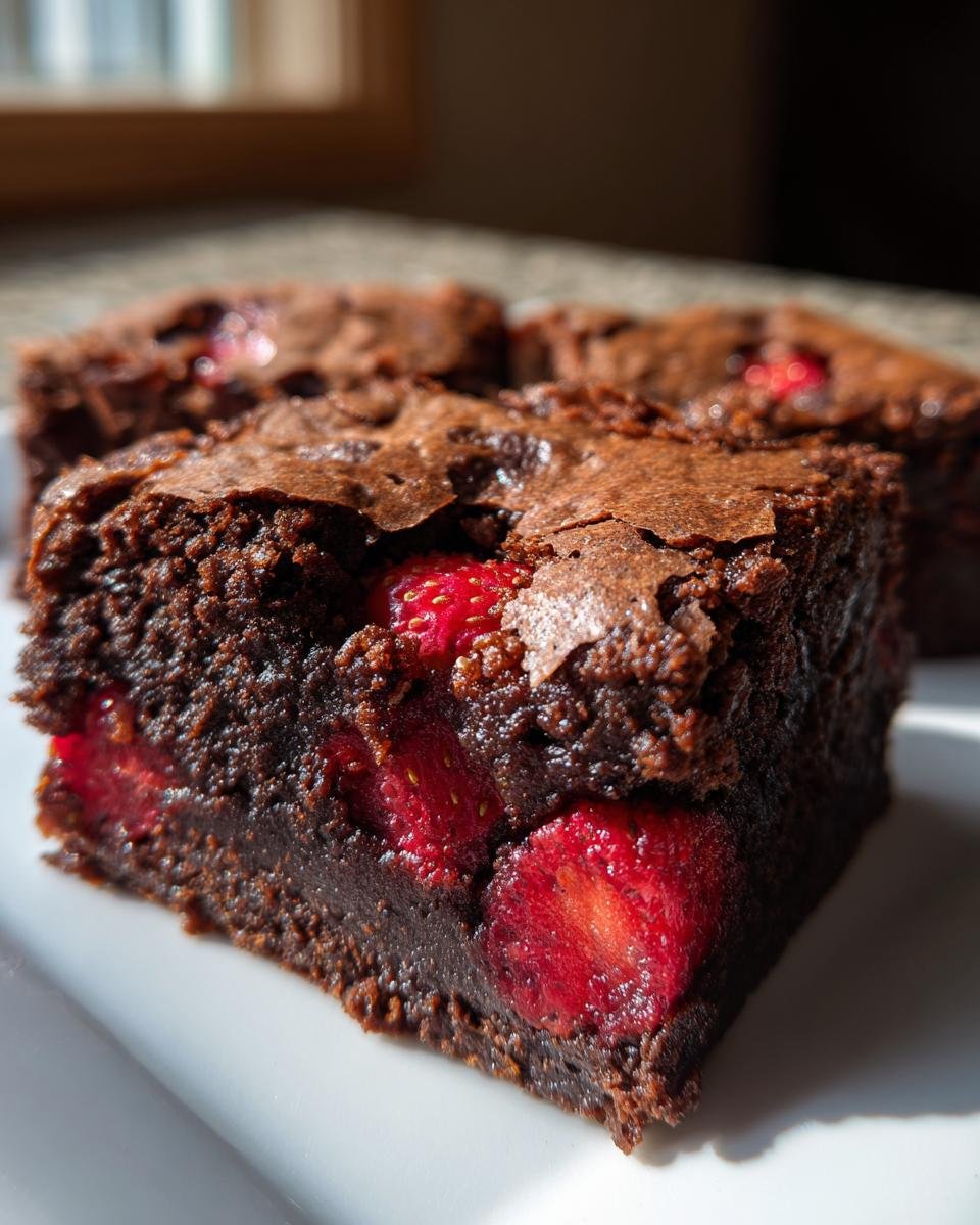 Close-up of a fudgy Strawberry Brownies square showing bright red strawberry slices baked inside the rich chocolate.