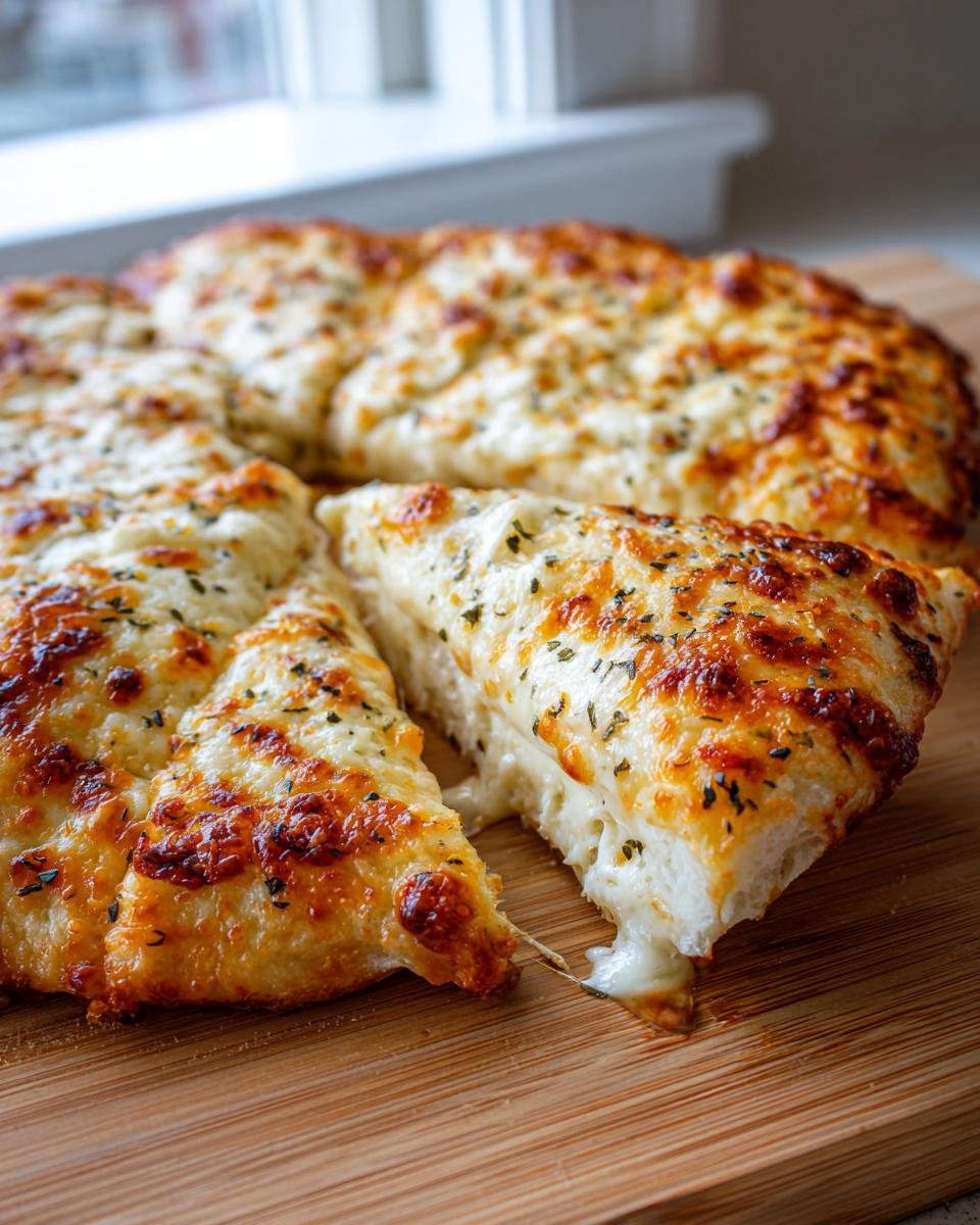 Close-up of a freshly baked Garlic Herb Cheese Pizza, cut into slices with a dramatic cheese pull.
