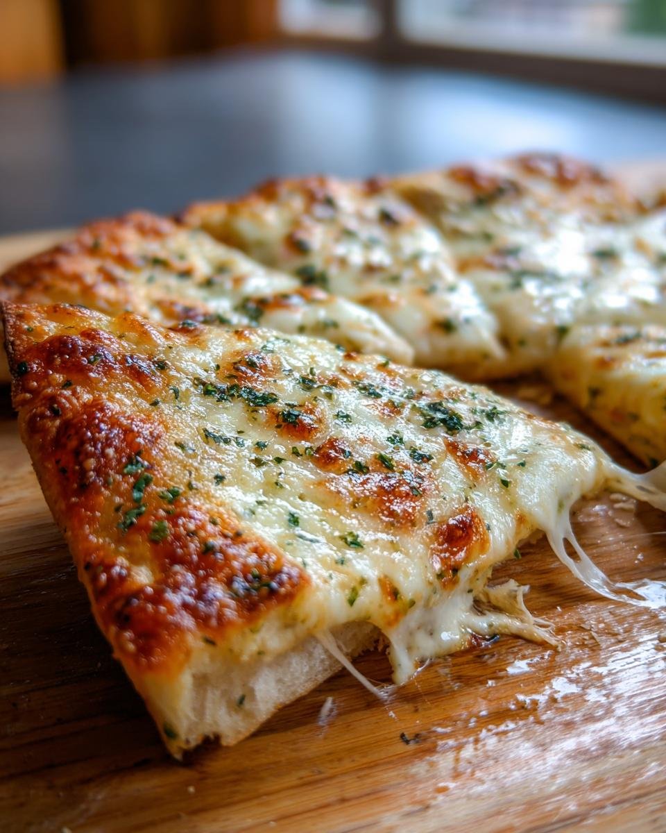 Close-up of a slice of Garlic Herb Cheese Pizza showing melted, gooey cheese stretching as the slice is pulled away.