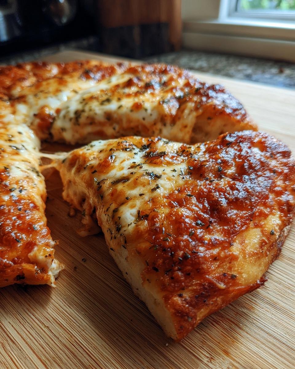 Close-up of a freshly baked Garlic Herb Cheese Pizza slice being pulled away, showing melted, browned cheese and herbs.