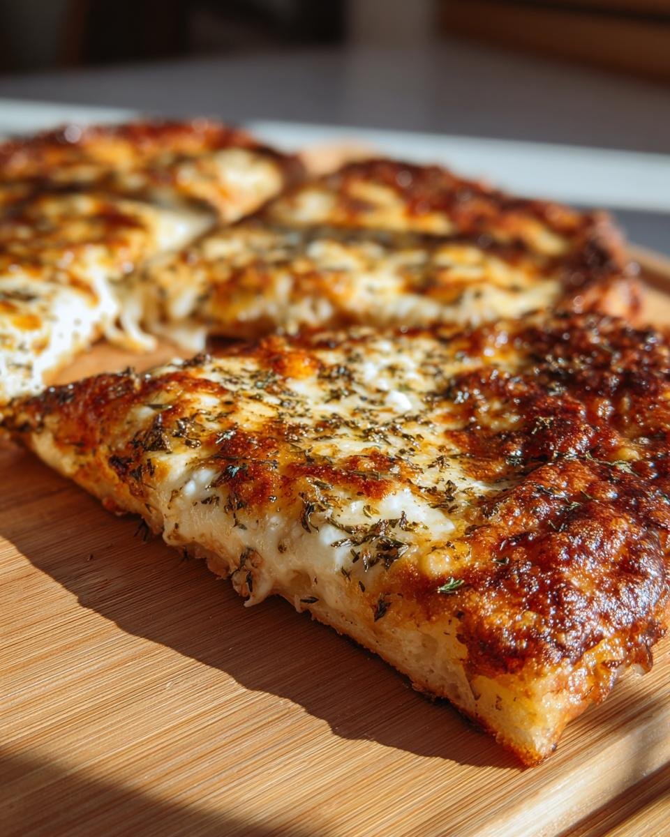 A close-up slice of cheesy Garlic Herb Cheese Pizza with golden-brown crust and herbs on top.