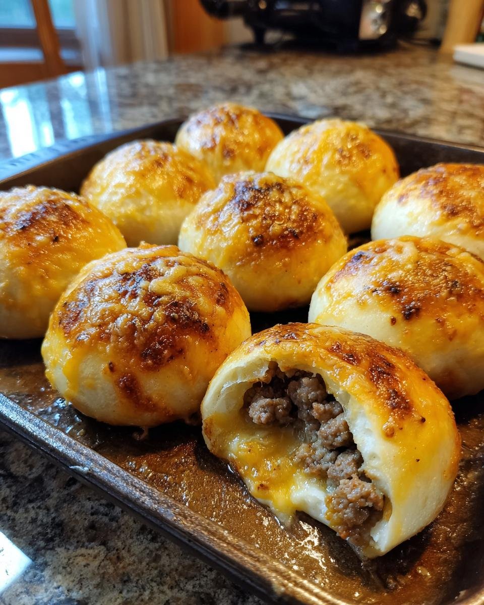 Close-up of freshly baked Garlic Parmesan Cheeseburger Bombs, one is broken open showing ground beef and melted cheese filling.