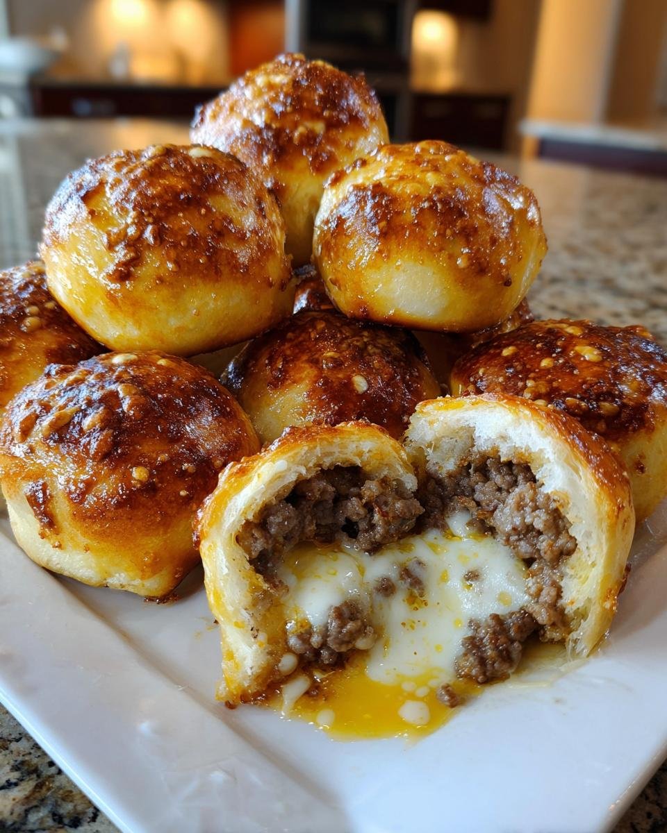 A stack of golden-brown Garlic Parmesan Cheeseburger Bombs, one cut open revealing ground beef and melted cheese.
