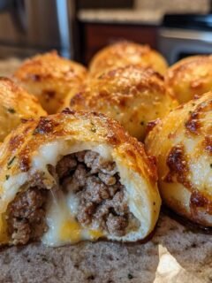 Close-up of Garlic Parmesan Cheeseburger Bombs, one cut open showing melted cheese and seasoned ground beef filling.