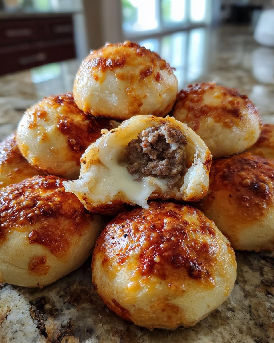 A stack of baked Garlic Parmesan Cheeseburger Bombs, one cut open revealing ground beef and melted cheese inside.