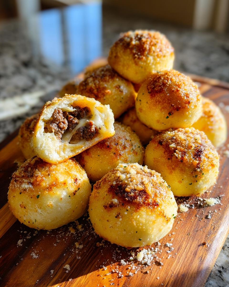 A stack of golden brown Garlic Parmesan Cheeseburger Bombs, one cut open revealing ground beef and melted cheese filling.