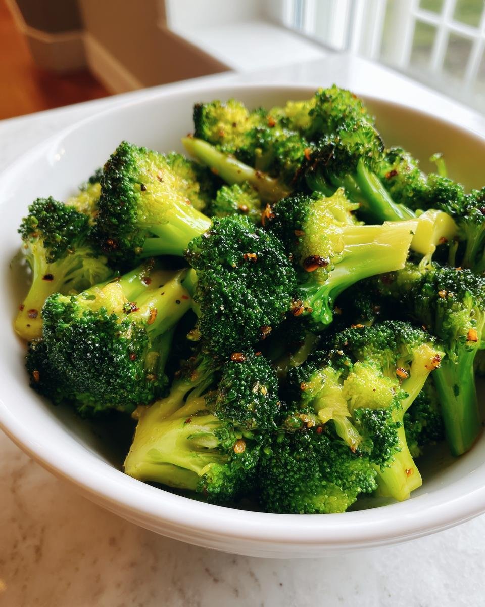 Vibrant green Garlic Seasoned Steamed Broccoli florets tossed with visible seasonings in a white serving bowl.