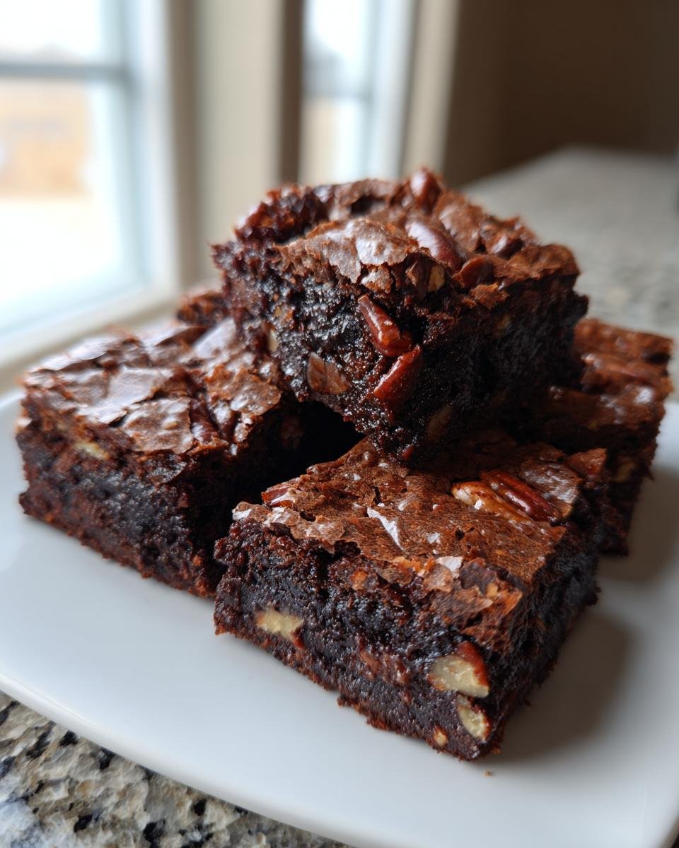 Close-up of fudgy Georgia Pecan Brownie Recipe squares stacked on a white plate, showing shiny tops and pecans.