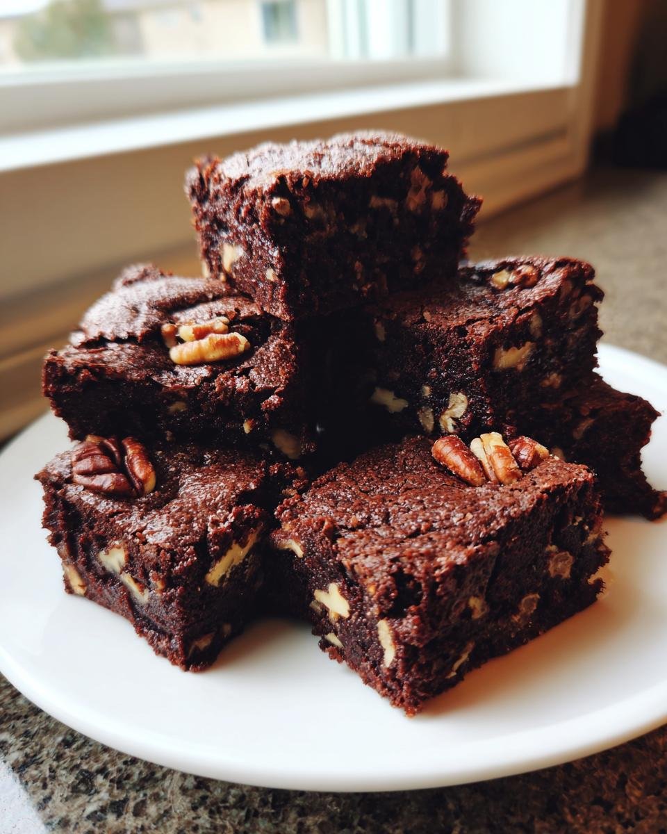 A stack of rich, fudgy Georgia Pecan Brownie Recipe squares topped with whole pecans on a white plate.