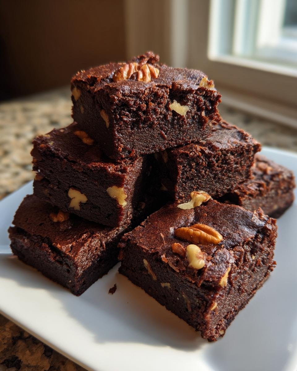 A stack of rich, fudgy Georgia Pecan Brownie Recipe squares topped with whole pecans, sitting on a white plate.