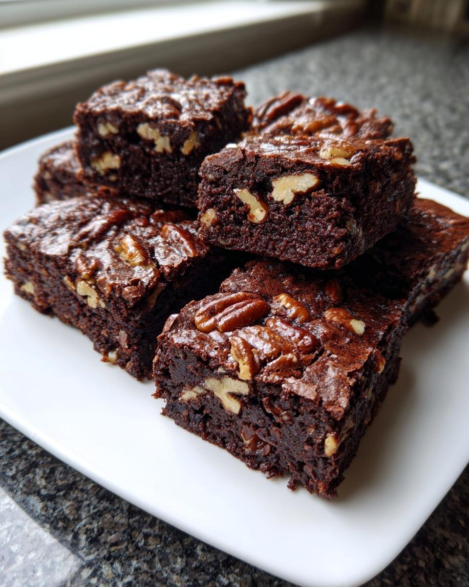A stack of rich, fudgy Georgia Pecan Brownie Recipe squares topped with whole pecans on a white plate.