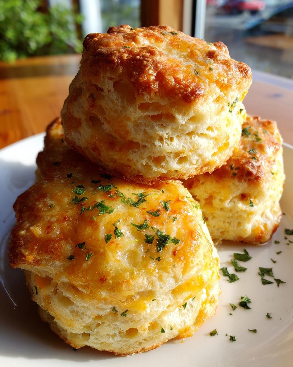 A stack of three golden, flaky Gluten Free Cheddar Bay Biscuits topped with melted cheese and fresh parsley.