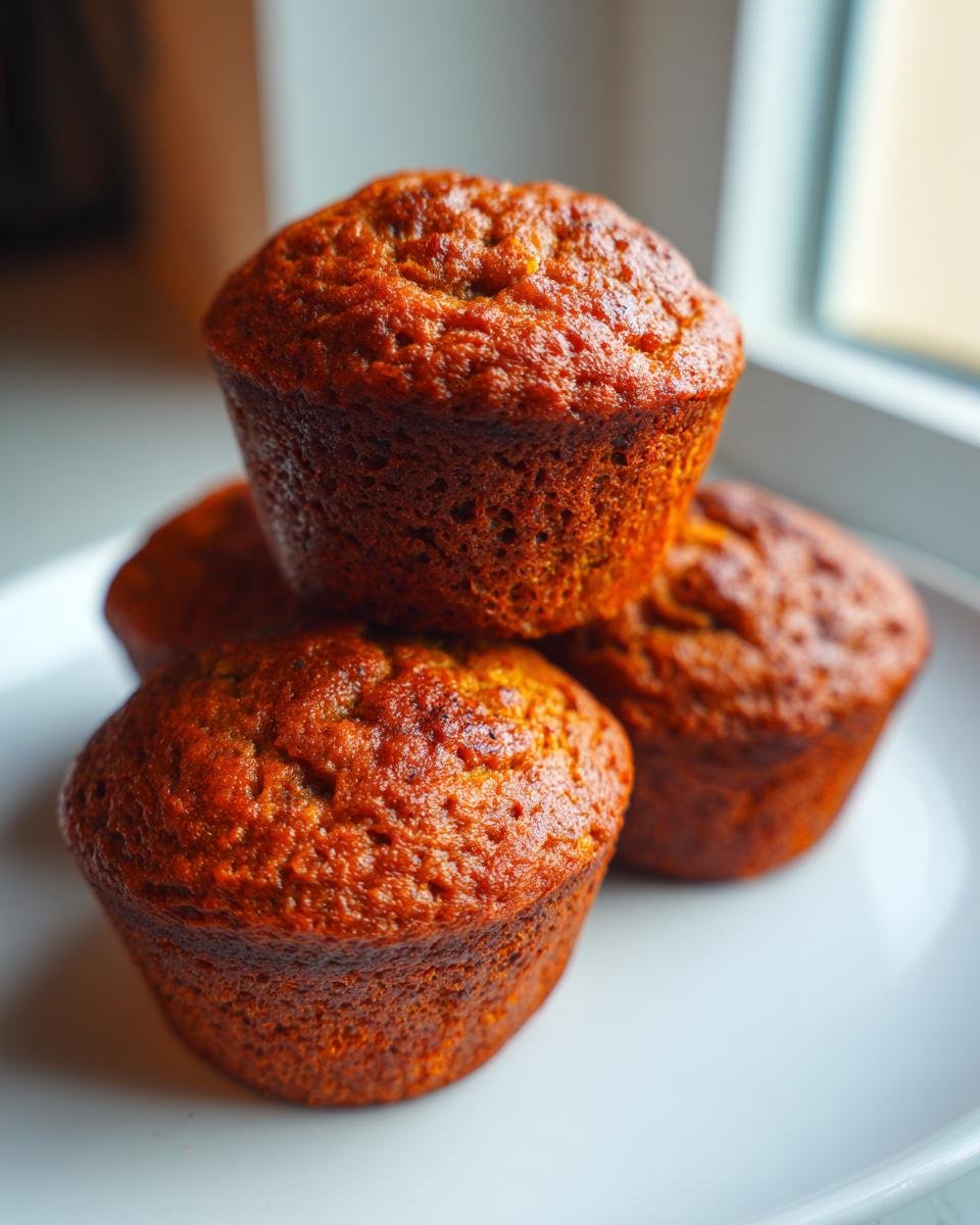 A stack of four freshly baked, golden brown Sweet Potato Muffins resting on a white plate near a window.