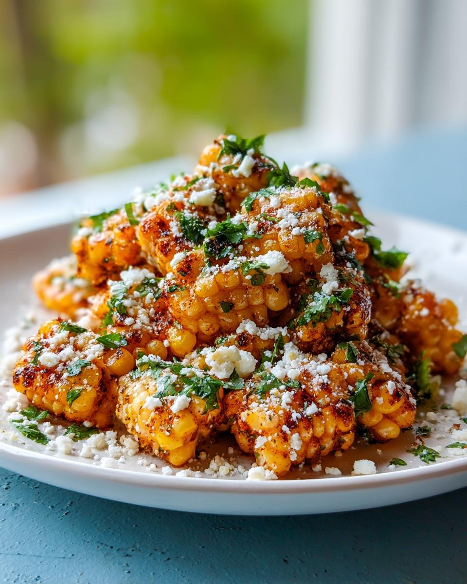 Close-up of charred corn segments topped with cotija cheese and cilantro, inspired by Mexican Corn Salad.