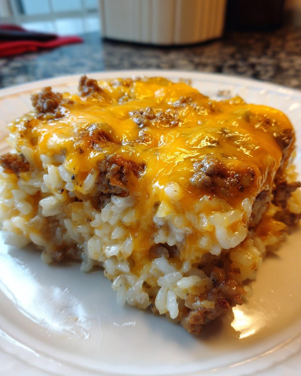 A close-up serving of Ground Beef And Rice Casserole topped with melted cheddar cheese on a white plate.