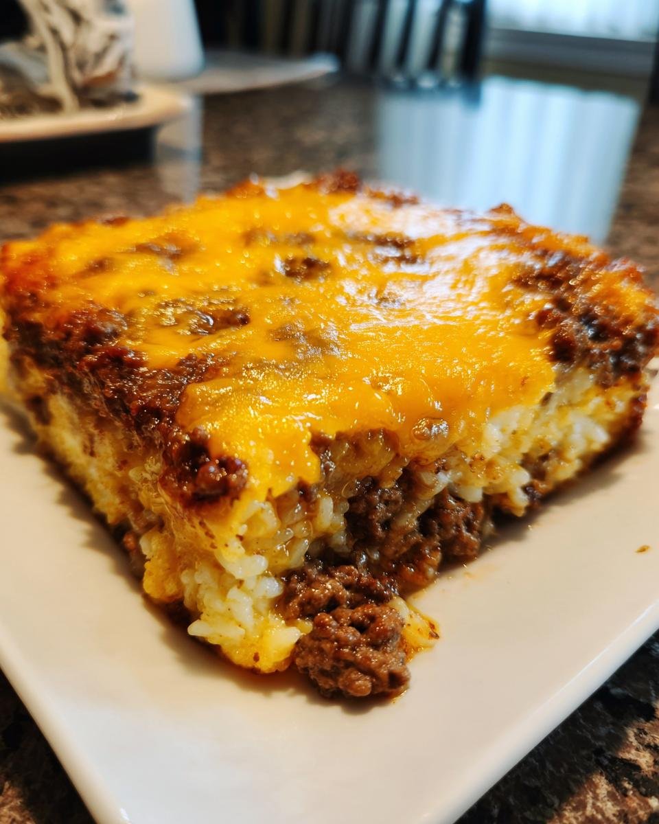 A square slice of baked Ground Beef And Rice Casserole topped with melted cheddar cheese on a white plate.