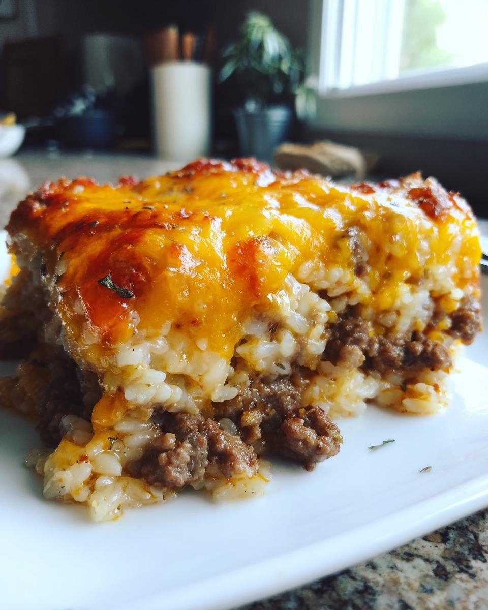 A thick slice of Ground Beef And Rice Casserole topped with melted, golden cheddar cheese.