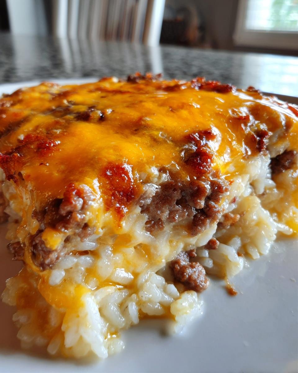 Close-up of a serving of Ground Beef And Rice Casserole topped with melted cheddar cheese.
