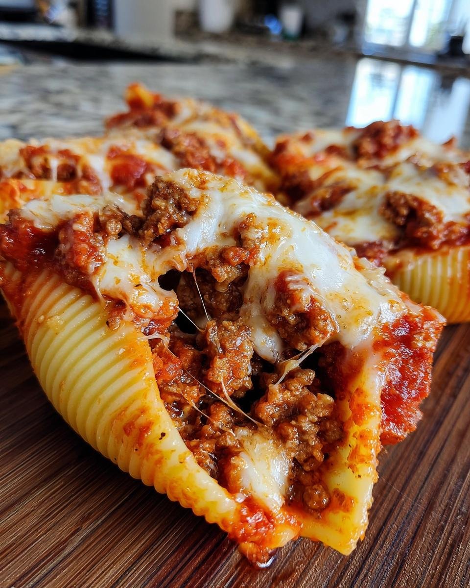 Close-up of a jumbo pasta shell filled with seasoned ground beef, marinara sauce, and melted mozzarella cheese.