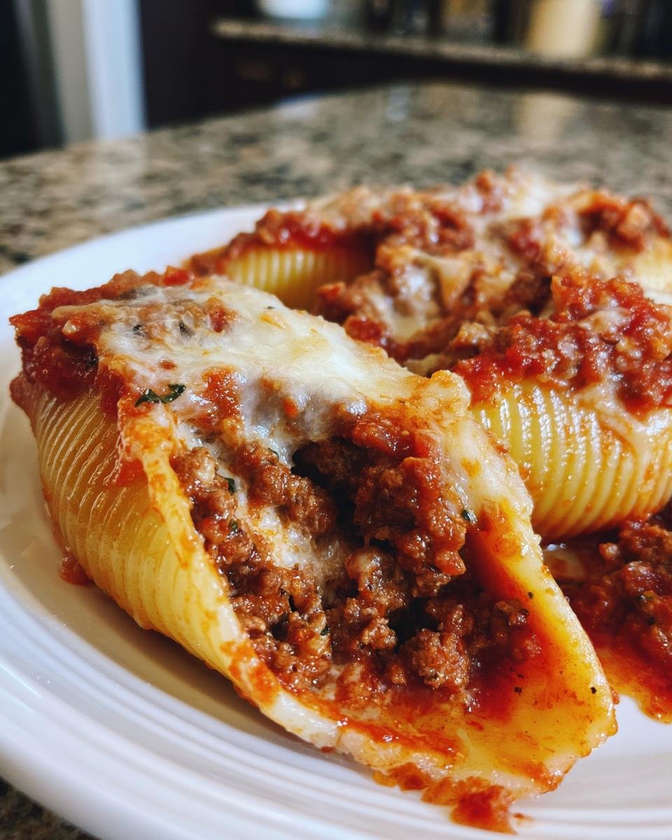 Close-up of baked Ground Beef Stuffed Shells topped with melted mozzarella cheese and rich tomato sauce.