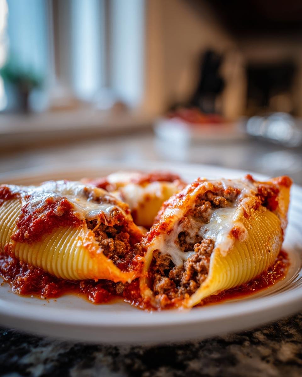 Close-up of baked Ground Beef Stuffed Shells covered in marinara sauce and melted mozzarella cheese.