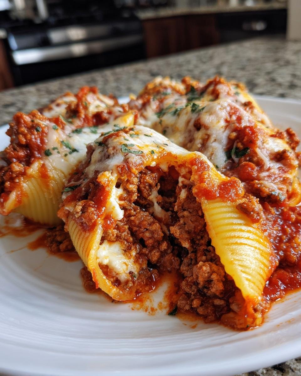 Close-up of baked Ground Beef Stuffed Shells overflowing with meat filling, covered in marinara sauce and melted mozzarella cheese.