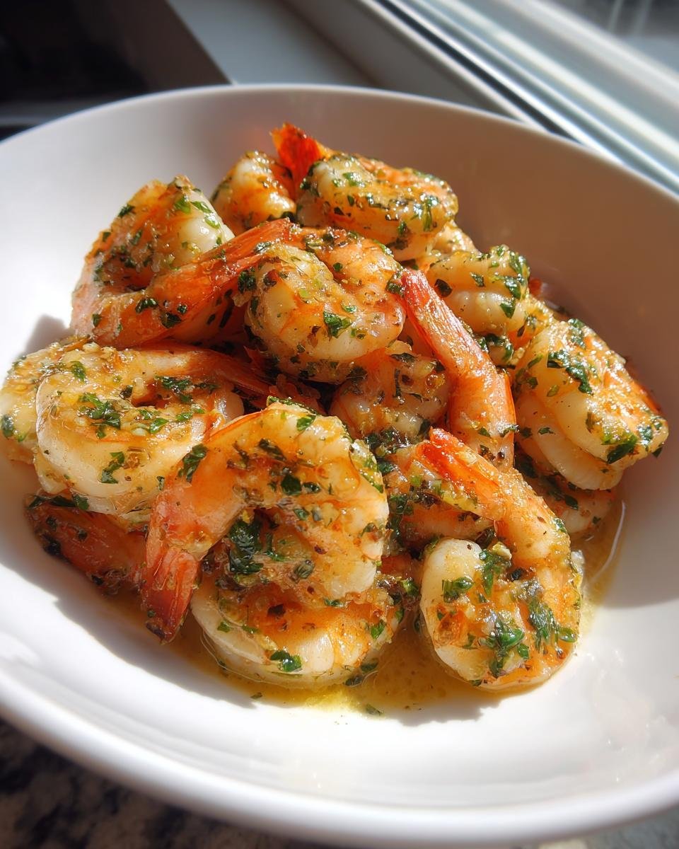 Close-up of succulent Hawaiian Garlic Shrimp coated in butter and herbs, served in a white bowl.