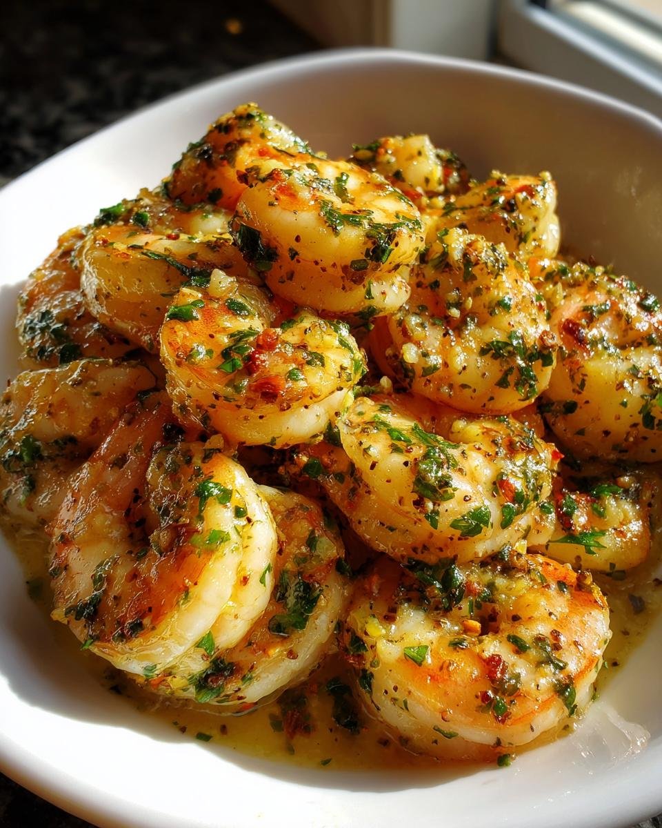 A white bowl filled with succulent Hawaiian Garlic Shrimp coated in a rich, buttery garlic and herb sauce.
