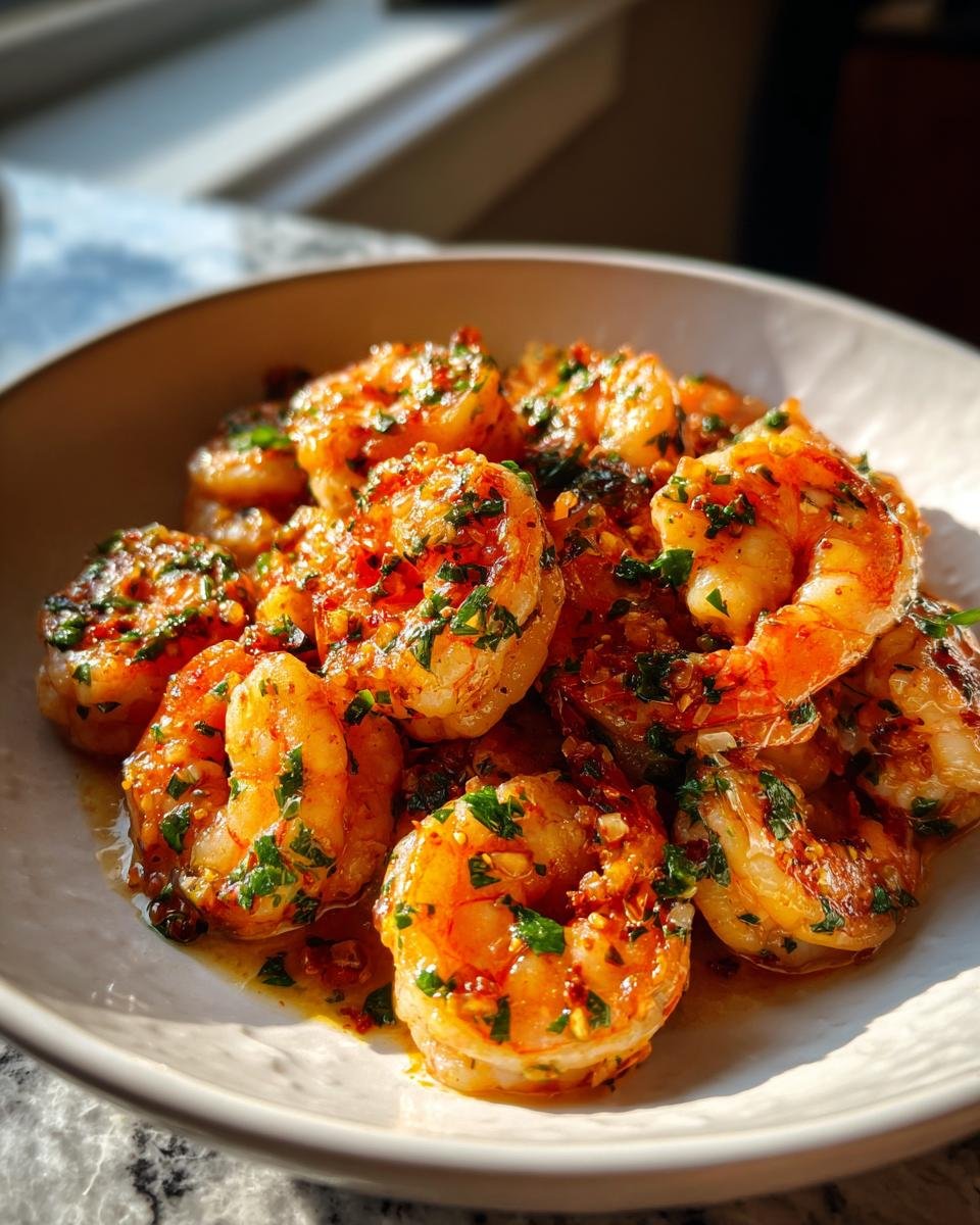 A bowl filled with succulent, bright orange Hawaiian Garlic Shrimp coated in a rich, garlicky, buttery sauce and fresh parsley.