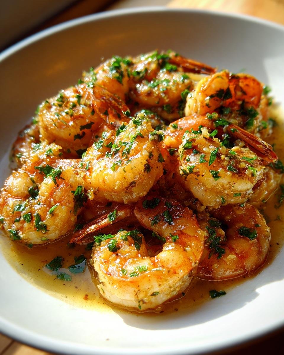A close-up of succulent Hawaiian Garlic Shrimp coated in a buttery garlic sauce and topped with fresh parsley.