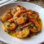 A close-up of plump, succulent Hawaiian Garlic Shrimp coated in a rich, buttery garlic sauce and topped with fresh parsley.