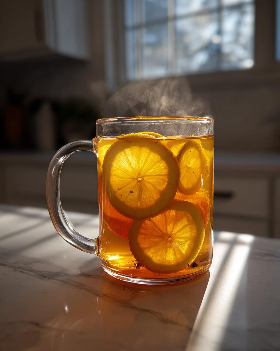Close-up of steaming Healthy Citrus Pear Ginger Detox Tea in a glass mug with bright orange slices.