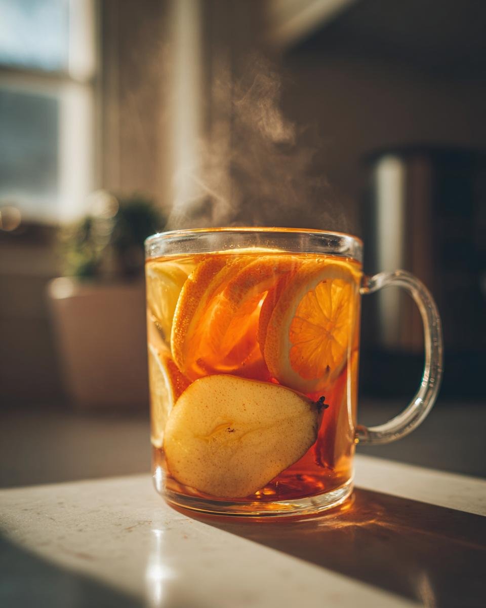 A steaming glass mug filled with Healthy Citrus Pear Ginger Detox Tea, featuring slices of orange and pear.
