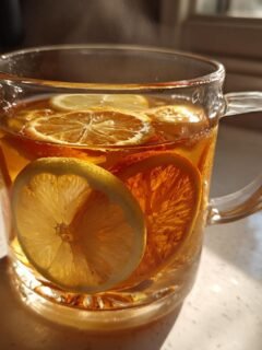 A clear glass mug filled with hot Healthy Citrus Pear Ginger Detox Tea, featuring slices of lemon and orange.