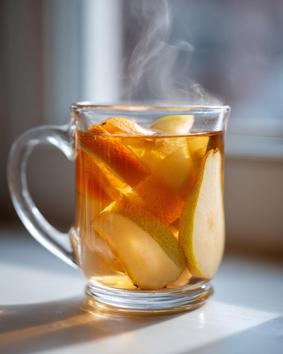 Close-up of steaming Healthy Citrus Pear Ginger Detox Tea in a glass mug with bright orange slices.