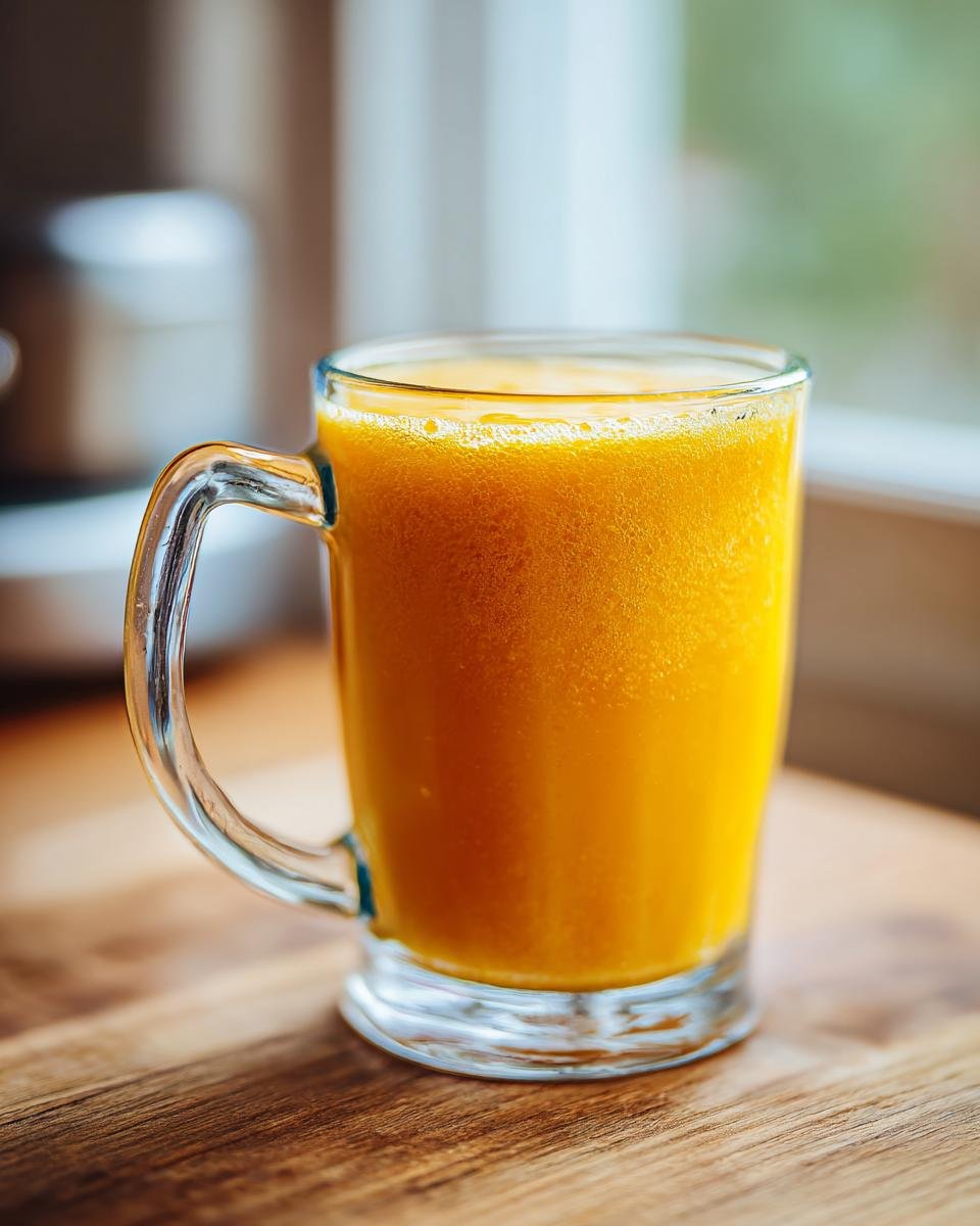 A vibrant, bright orange Healthy Pineapple Strawberry Turmeric Smoothie served in a clear glass mug on a wooden surface.