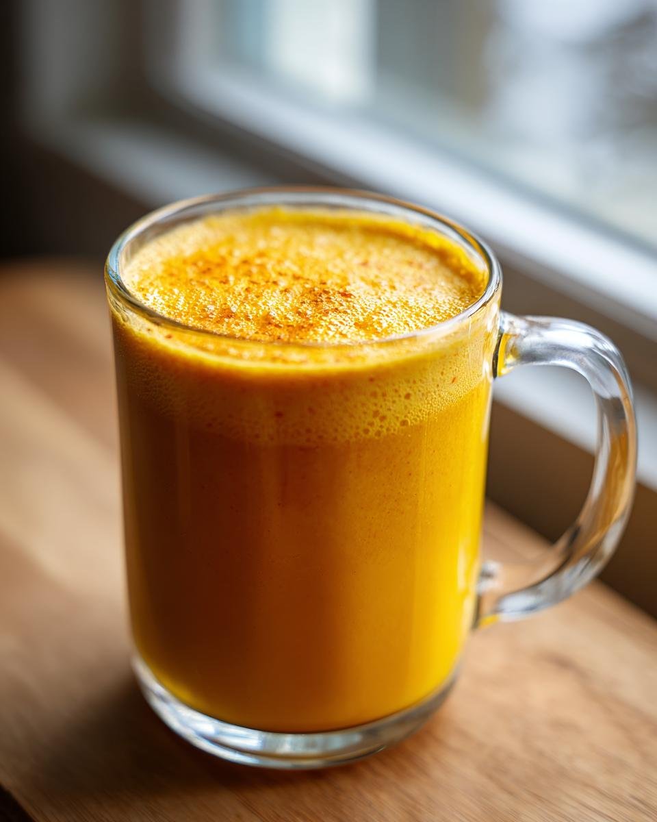 Close-up of a bright orange Healthy Pineapple Strawberry Turmeric Smoothie in a clear glass mug.