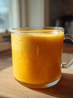 Bright orange Healthy Pineapple Strawberry Turmeric Smoothie in a clear glass mug sitting on a wooden counter.