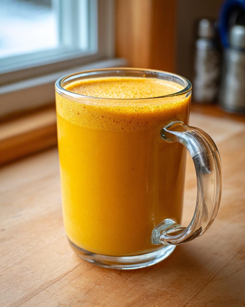 Close-up of a vibrant orange Healthy Pineapple Strawberry Turmeric Smoothie in a clear glass mug.